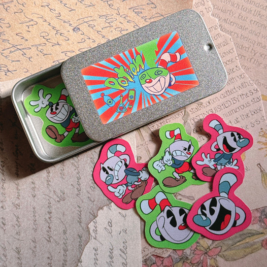 Cuphead tin case with 6 mini stickers